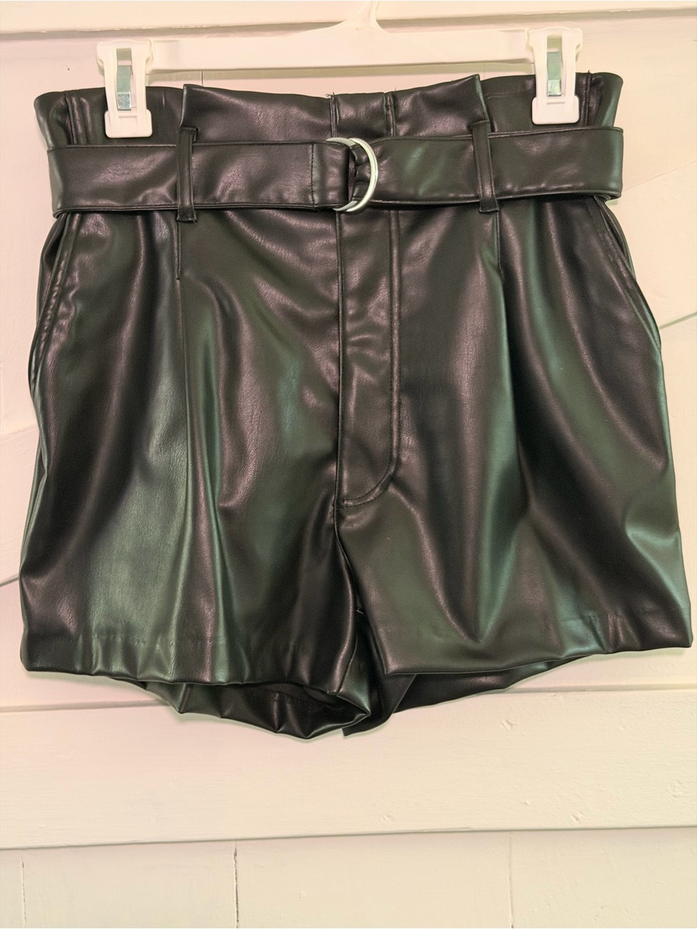 High Waist Faux Leather Black Paperbag Shorts with Belt